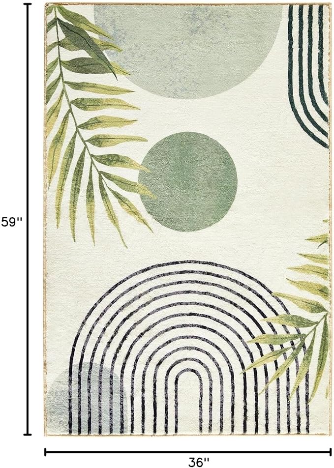 RoomTalks Boho Green Cute 3x5 Small Area Rugs Washable, Modern Abstract Geometric Shape with Tropical Leaves Non Slip Throw Rugs for Bedroom Kitchen Entryway Indoor Doormat Stain Resistant