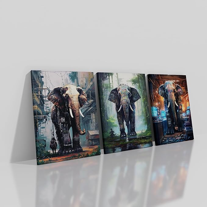Animal Canvas Wall Art Cyberpunk Style Giant Machine Elephant HD Picture Painting Theme Abstract Poster Print Wall Decor for Modern Home Bathroom Kitchen Workplace Ready to Hang [36''W x 16''H]