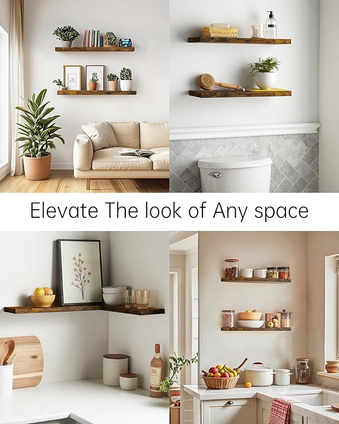 BAYKA Floating Shelves, 22.5" Rustic Wood Wall Mounted Shelves for Bathroom, Bedroom, Living Room&Kitchen, Hanging Display Shelf with 22 lbs Capacity, Fall Home Decor Shelves (Rustic Brown, Set of 2)