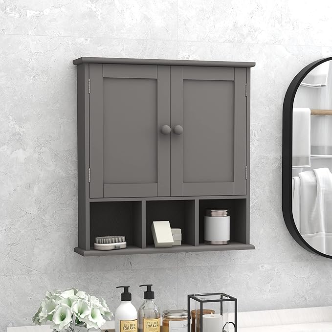 TaoHFE Grey Bathroom Cabinet with 2 Door Adjustable Shelves, Over The Toilet Storage, Wall Mounted Medicine Cabinet for Bathroom & Laundry Room