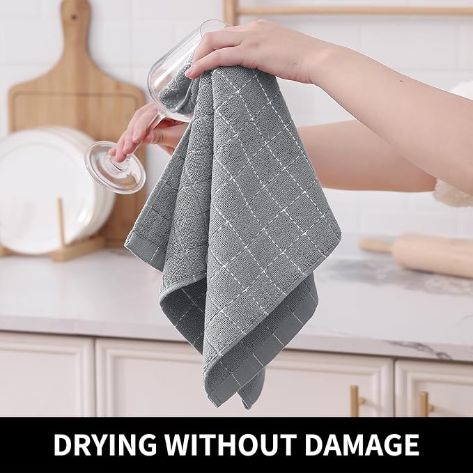 Homaxy 100% Cotton Terry Kitchen Towels(Grey, 13 x 28 inches), Checkered Designed, Soft and Super Absorbent Dish Towels, 8 Pack