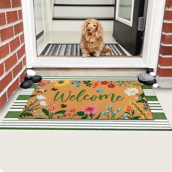 2 Pcs Floral Welcome Doormat Flower Outdoor Welcome Mats for Front Door Non Slip Wildflower Coir Floor Mat Green White Stripe Layering Rug for Outside Front Porch Entryway Decor