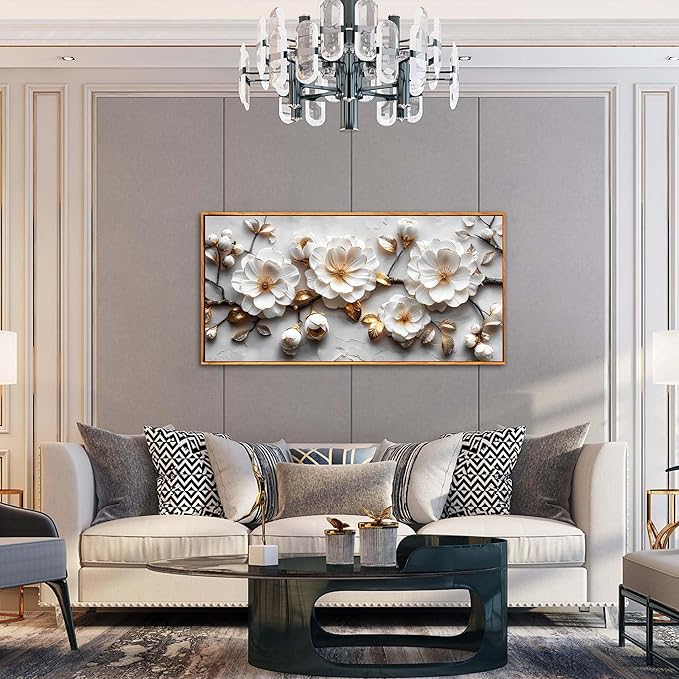 Ouzzlie Floral Wall Decorations White Pictures Modern Framed Poster Wall Art Gold Wall Decor Big Artwork 29"x 59"