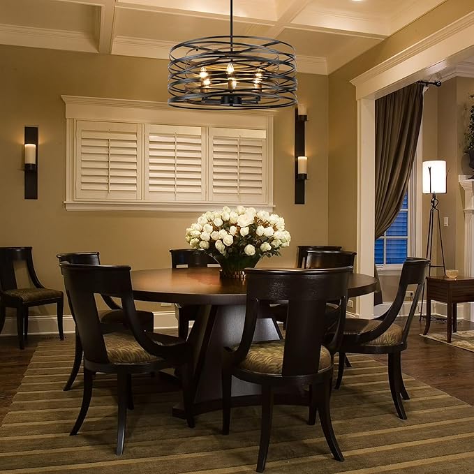 23.6'' Rustic Large Drum Chandeliers for Dining Room, 6-Light Modern Farmhouse Lighting for Kitchen Island, Retro Round Entryway Light Fixture, Black with Retro Wood Texture Interior