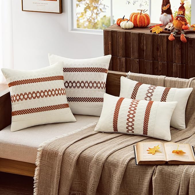 MIULEE Set of 2 Burnt Orange Fall Decorative Pillow Covers 18x18 Inch Farmhouse Rustic Boho Couch Throw Pillows Modern Cotton Cushion Covers Retro Cute Macrame Woven Home Decor for Bed Sofa Chair