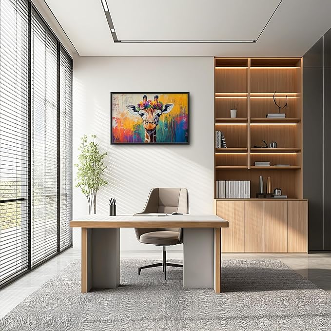 Framed Large Wall Art for Living Room, Banksy Deer Canvas Wall Decor, Large Giraffe Picture Framed Painting, Modern Artwork for Bedroom Office 36L'' × 24W''