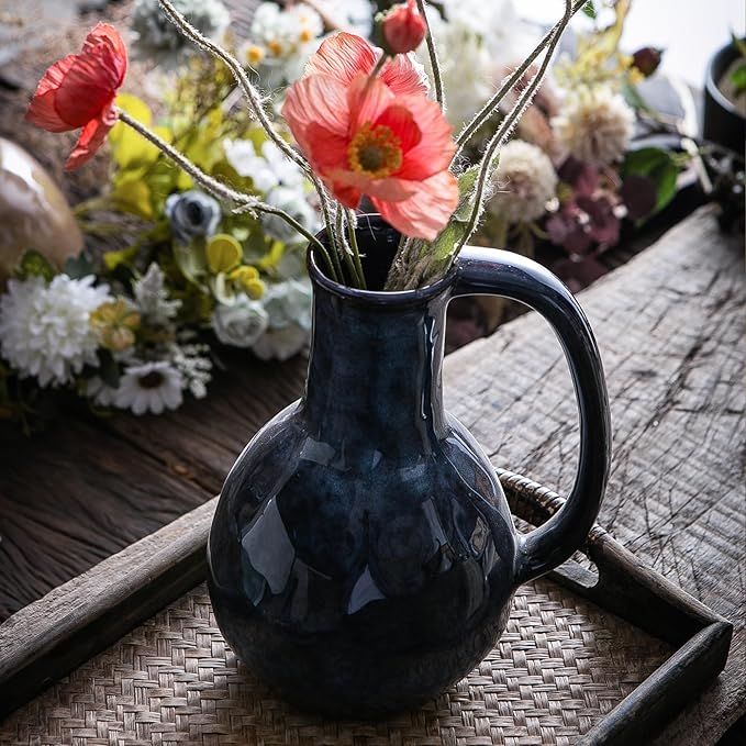 Blue Ceramic Vase with Big Handles, Modern Farmhouse Decor, Rustic Pottery for Flowers, Decorative Terracotta Centerpiece for Dining Table