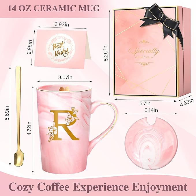 Coffee Mugs - Birthday Gifts for Women, Personalized Initial Customized Mug Tea Cup with Lid 14 Oz Pink, Spoon Greeting Card, Luxury Gift-Boxed Christmas Gift for Her Wife Mom Grandma Friend Unique,R