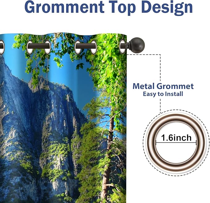 Jekeno Mountains Forest Blackout Curtains Jungle Green Trees River Lake in Bright Sunshine Nature Scenery Decor Bedroom Living Room Darkening Grommet Window Drapes 2 Panel Set, 52"x84"