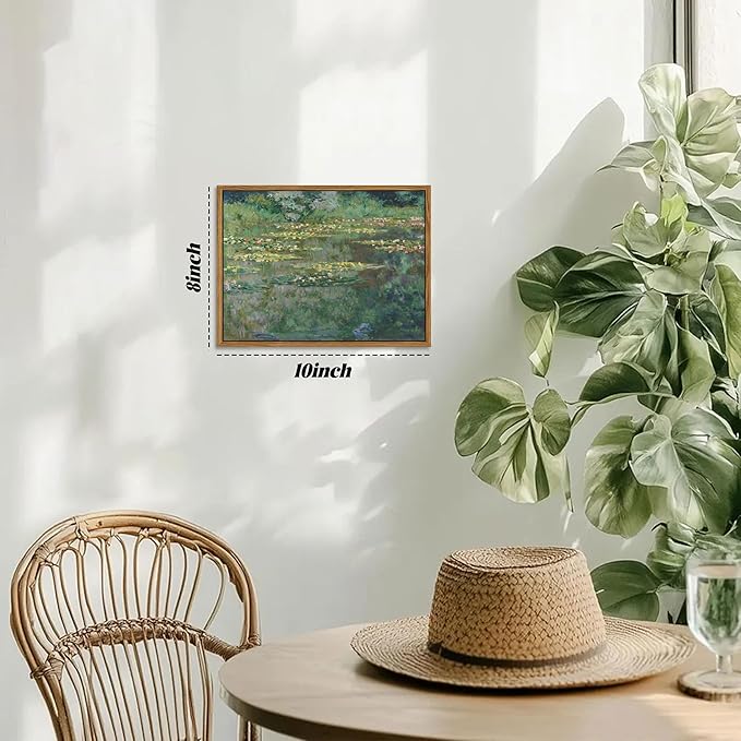 Framed Claude Monet Wall Art – Vintage Water Lilies Pond Painting Wall Decor, Impressionist Living Room Wall Art, Classic Aesthetic Canvas Prints for Bedroom Kitchen Bathroom – 10"x8"