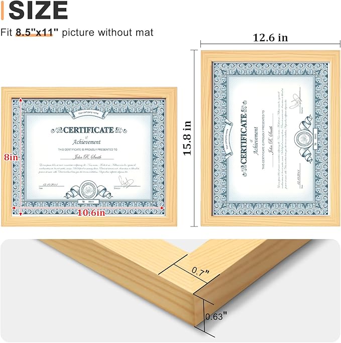 Egofine 8.5x11 Picture Frames Set of 4, Made of Solid Wood Covered by Plexiglass for Document,Diploma, Certificates and Degree, for Table Top Display and Wall Mounting Photo Frame Natural Wood