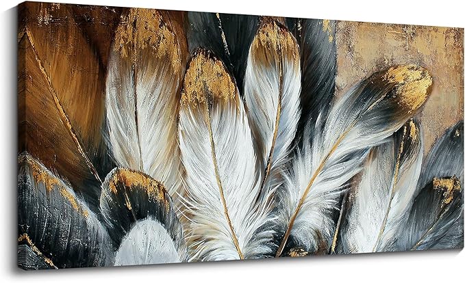 Feather Wall Art Modern Living Room Bedroom Wall Decoration Large Giclee Print Canvas Painting Artwork for Home Decor One Piece White Gold Brown Feather Picture Ready to Hang 24x48 Size