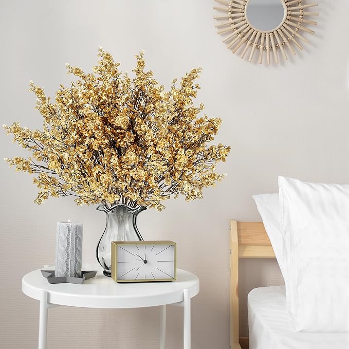 Sggvecsy 15 Pcs Babys Breath Artificial Flowers Gypsophila Bouquets Bulk Real Touch Fake Silk Flowers for Home Wedding DIY Floral Arrangement Kitchen Table Centerpiece Christmas Decoration (Gold)