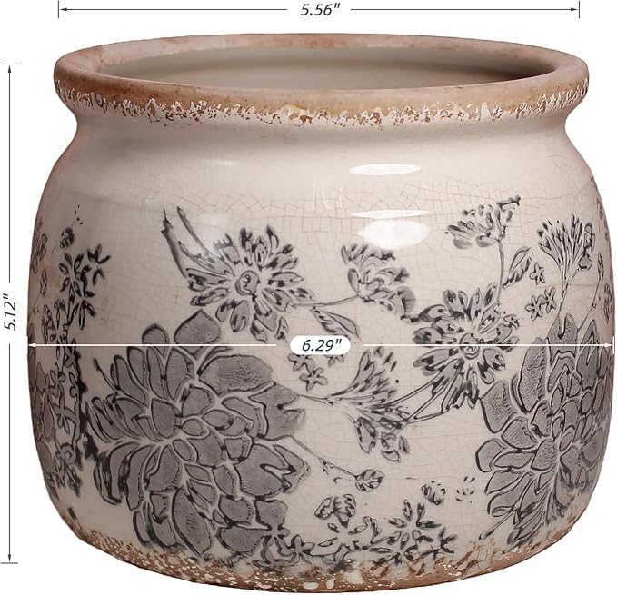 Ceramic Planters for Plants, Plant Pots with Drainage Hole, 6.29in. Flower Pots for Indoor Plants, Vintage Planters & Succulent Pots, Crackle Glaze Finish Plant Pots, Gray