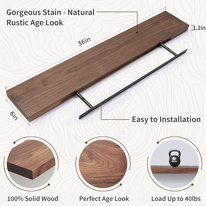 Axeman Floating Shelves Walnut | 36 Inch Wide x 6 Inch Deep Solid Walnut Wood Shelves Set of 2 - Natural Wooden Shelves for Room Wall Decor