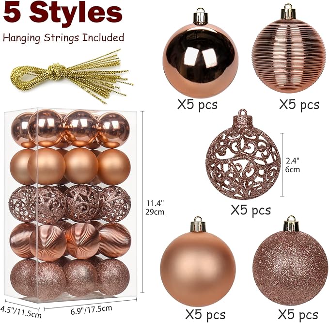 30PCS 2.36" Christmas Ball Ornaments Shatterproof Rose Gold Christmas Tree Decorations Xmas Tree Balls Halloween Ornaments Décor