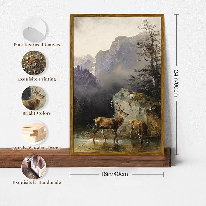 crmotu Vintage Framed Wall Art, Animal Deers Painting Canvas Prints, Mountain Mist Landscape Rustic Home Decorations, Nature Aesthetic Pictures Wall Decor Living Room Bedroom Bathroom Kitchen 16x24in