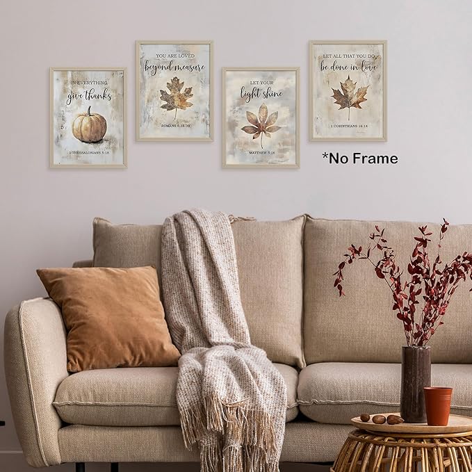 TLESKE Rustic Fall Christian Pumpkins Maple Leaves Posters Prints Unframed Set of 4 for Farmhouse Bedroom Living Room Kitchen, Vintage Autumn Wall Art Prints Decor, Thanksgiving Wall Pictures, 12x16
