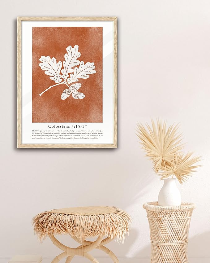 EcoHest Vintage Christian Fall Framed Wall Art, Large 16x20 in OAK Wood Burnt Orange Bible Verse Canvas Wall Art,Botanical Scripture Colossians Faith Home Decor, Set of 1 for Bedroom Living Room