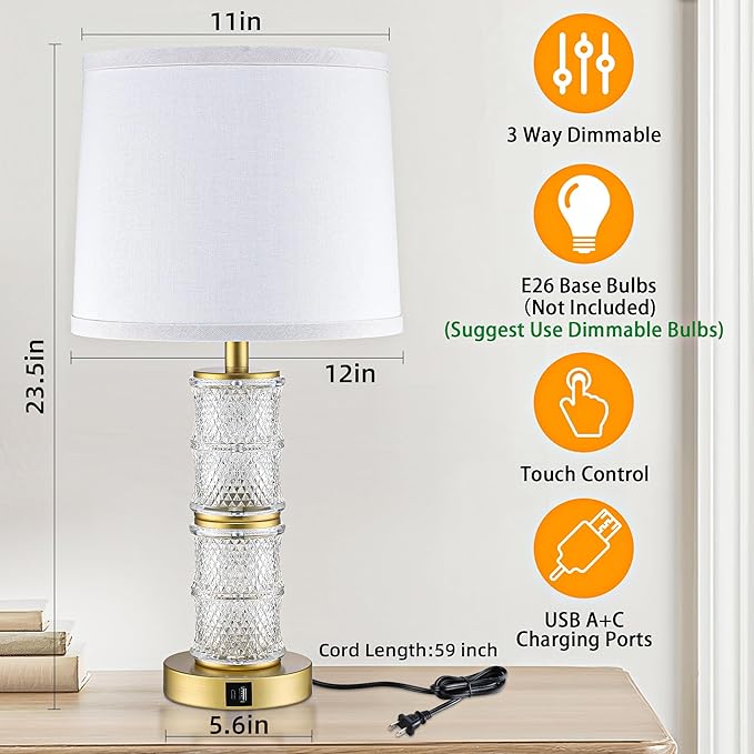 GRUENLICH Crystal Bedside Lamps Set of 2, Gold Bedroom Nightstand Light with Touch Control, 3-Way Dimmable Table Lamps, USB C+A Charging Ports for Living Room and End Tables