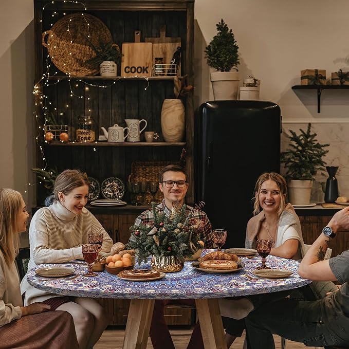 Fitted Round Tablecloth for 45-54" Inch Table Boho Waterproof Vinyl Reusable Summer Fall Tableclothes Campers Inside Outdoors Supplies Kitchen Dining Room Needs White Elephant Gifts