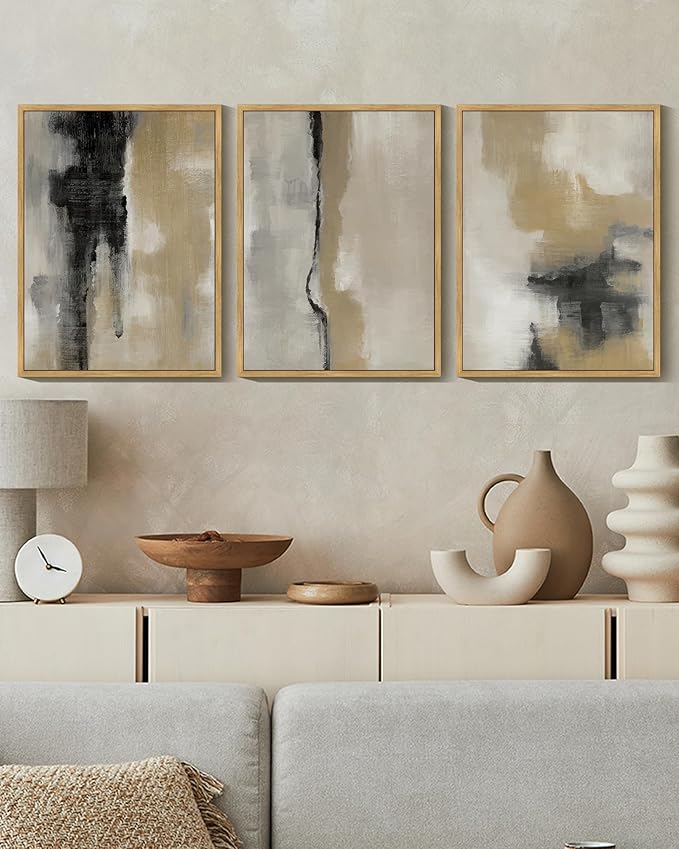 KUVIOKE Black Gray Abstract Framed Wall Art Minimalist Modern Neutral Wall Art Decor for Living Room Hallway Bedroom Ready to Hang 11x14in (Natural Framed)