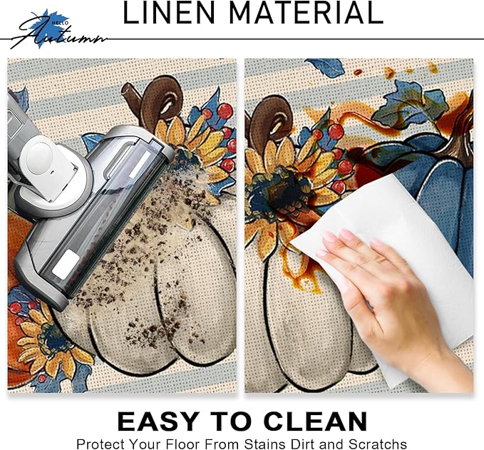 Fall Blue White Pumpkin Kitchen Rugs Set of 2, Autumn Sunflower Stripes Kitchen Mats Decor, Thanksgiving Seasonal Floor Door Mat Home Decorations - 17x29 and 17x47 Inch