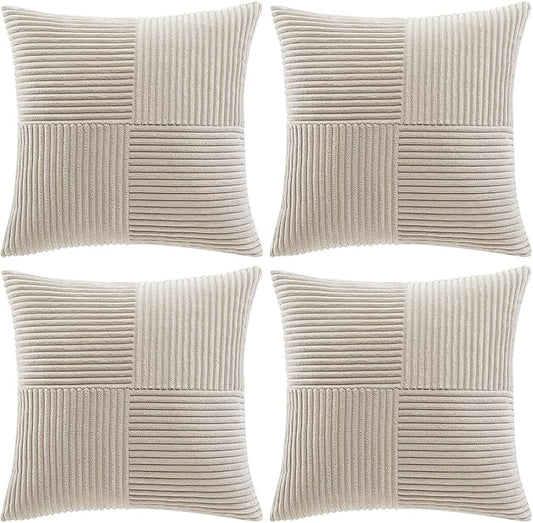 Fancy Homi 4 Packs Neutral Taupe Decorative Throw Pillow Covers 18x18 Inch for Living Room Couch Sofa, Rustic Farmhouse Boho Home Decor, Soft Cross Corduroy Patchwork Textured Square Cushion Case 45cm