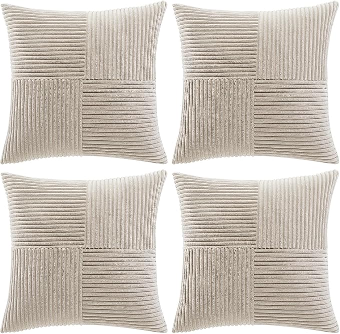 Fancy Homi 4 Packs Neutral Taupe Decorative Throw Pillow Covers 16x16 Inch for Living Room Couch Bed, Rustic Farmhouse Boho Home Decor, Soft Cross Patchwork Corduroy Textured Square Cushion Case 40cm
