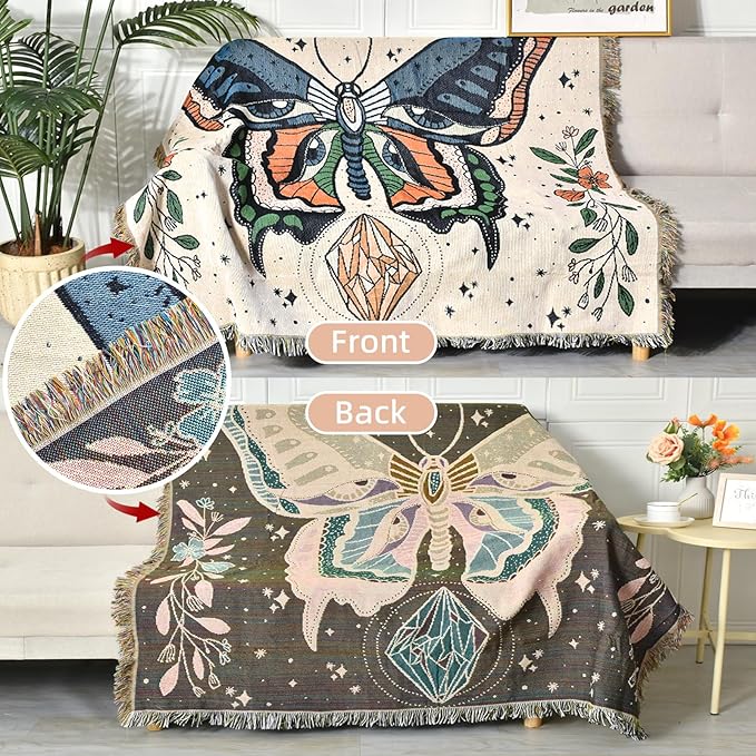 Boho Throw Blanket Reversible Cotton Bohemian Tapestry Hippie Room Decor Outdoor Blanket Double Sided (Month Moth White, 50"x60")