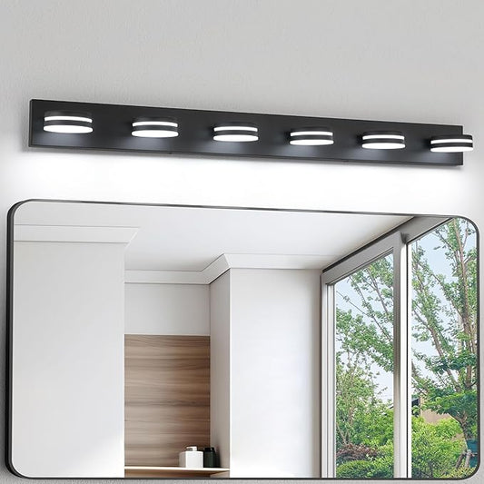 6-Light Bathroom Vanity Light Over Mirror, Matte Black LED Vanity Lighting Fixtures, Modern Bathroom Wall Light Fixtures with 360°Rotating Lamp Head (Cool White 5500K) (Black, 47Inch)