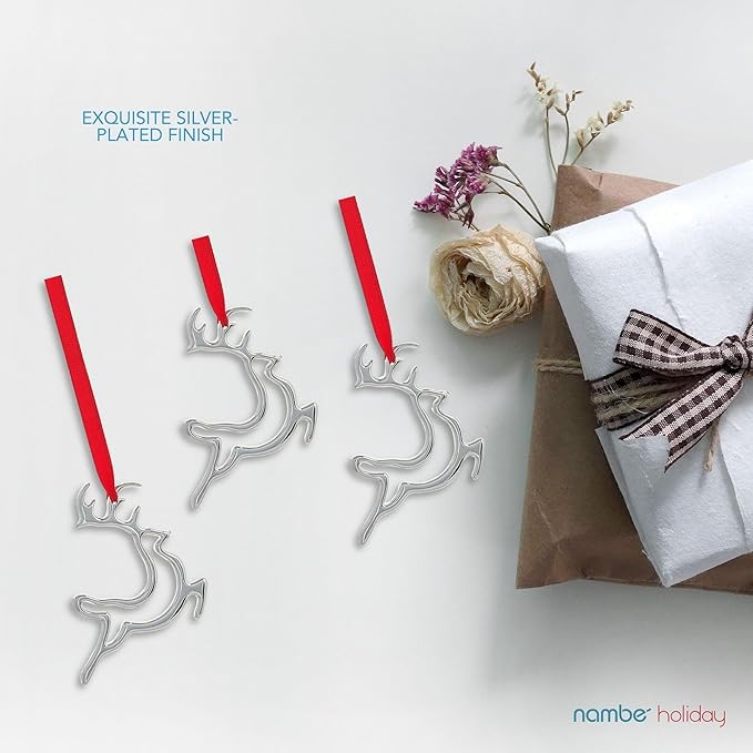 Nambe Mini Reindeer Christmas Ornaments (Set of 3), Silver-Plated Deer in Mid-Leap with Red Hanging Ribbons, Elegant Holiday Decorations for Christmas Trees, and Keepsakes