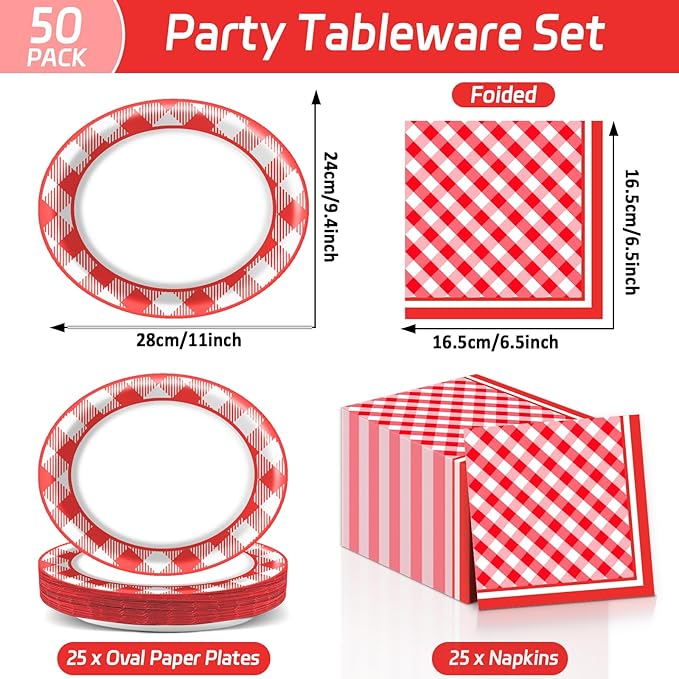 Gingham Oval Paper Plates 11inch Red and White Checkered Plates and Napkins, Dish Tray for BBQ Gathering Picnic Carnival Theme Party Supplies Holiday Baby Shower Birthday Tableware, 25 Guest