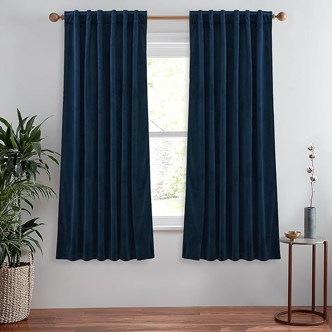 StangH 63 inches Navy Blue Blackout Curtains Soft Heavy Thermal Insulated Velvet Curtains, Back Tab Room Darkening Privacy Drapes for Living Room/Kitchen Window, W52 x L63, 2 Panels