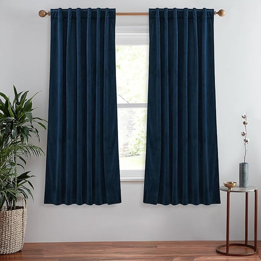 StangH 63 inches Navy Blue Blackout Curtains Soft Heavy Thermal Insulated Velvet Curtains, Back Tab Room Darkening Privacy Drapes for Living Room/Kitchen Window, W52 x L63, 2 Panels