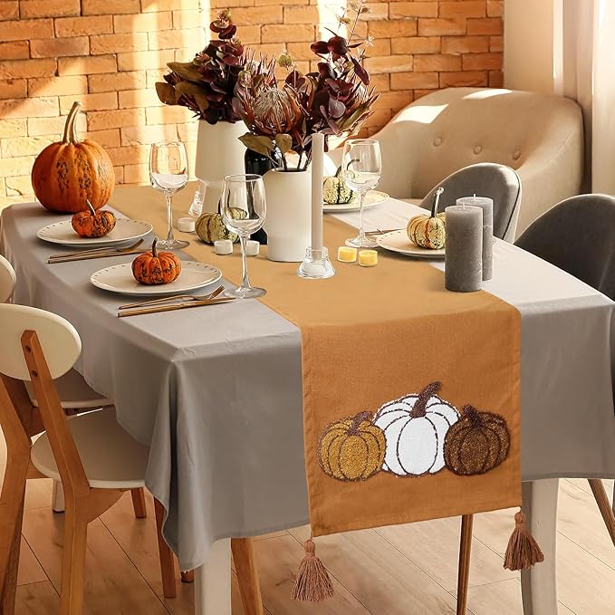 Breling Thanksgiving Pumpkin Table Runner Jacquard Fall Pumpkin Thanksgiving Dinner Table Runner Autumn Harvest Decoration for Kitchen Dining Home Dinner Party 13x72 Inch(Brown)