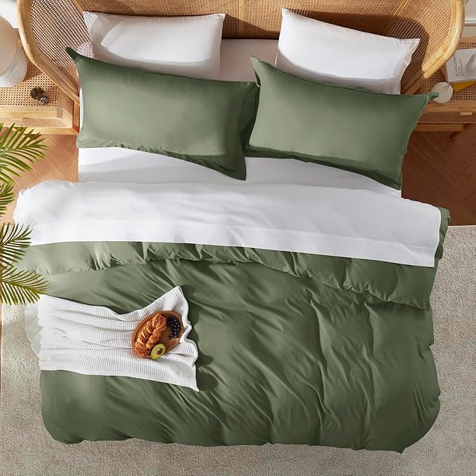 Nestl Full Duvet Cover Set with Comforter Insert - Olive Green 4 Piece 80x90 Duvet Cover & 2 Pillow Shams with White Quilted Down Alternative Comforter, Ultra Soft, All Season