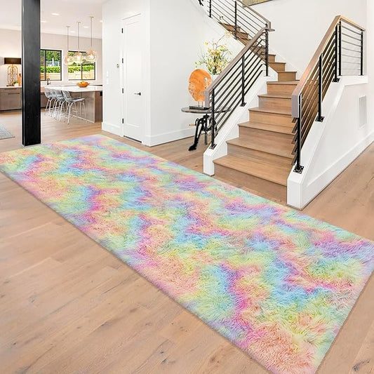 Fluffy Rainbow Rug for Girls Bedroom 3x10 Feet Kawaii Tie Dye Area Rug Colorful Unicorn Runner Rug for Kids Teens Nursery Baby Princess Room Lining Room Home Decor Carpets