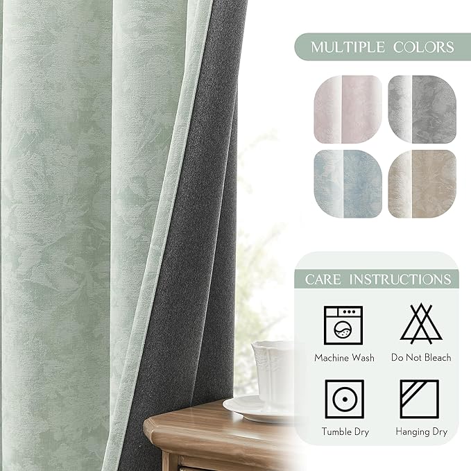 Beauoop Green Floral Jacquard Blackout Curtains 108 Inches Long 2 Panels for Bedroom Living Room Sage Flower Chenille Room Darkening Thermal Soundproof Grommet Window Treatments Drapes, 52x108