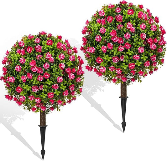 Artificial Red Rose Topiary Ball Trees with Ground Spike Set of 2, Faux Boxwoods for Outdoor Planters, UV Resistant Artificial Outdoor Plants for Porch, Fake Bushes Round Shrub