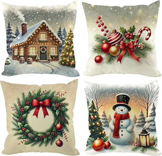 Christmas Pillow Covers 20x20 inch Set of 4, Holiday Winter Outdoor Vintage Tree Snowflake Xmas Snowman Neutral Farmhouse Gold Seasonal Burlap Decorations for Sofa Couch