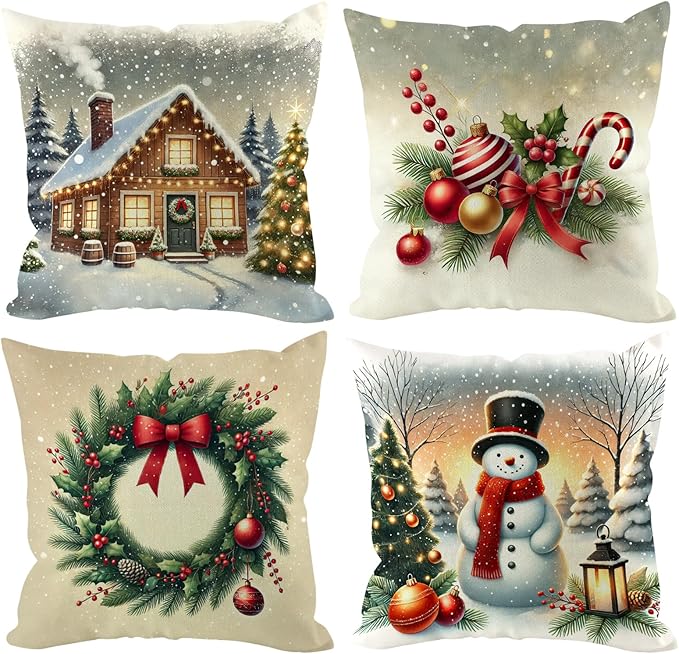 Christmas Pillow Covers 18x18 inch Set of 4, Holiday Winter Outdoor Vintage Tree Snowflake Xmas Snowman Neutral Farmhouse Gold Seasonal Burlap Decorations for Sofa Couch