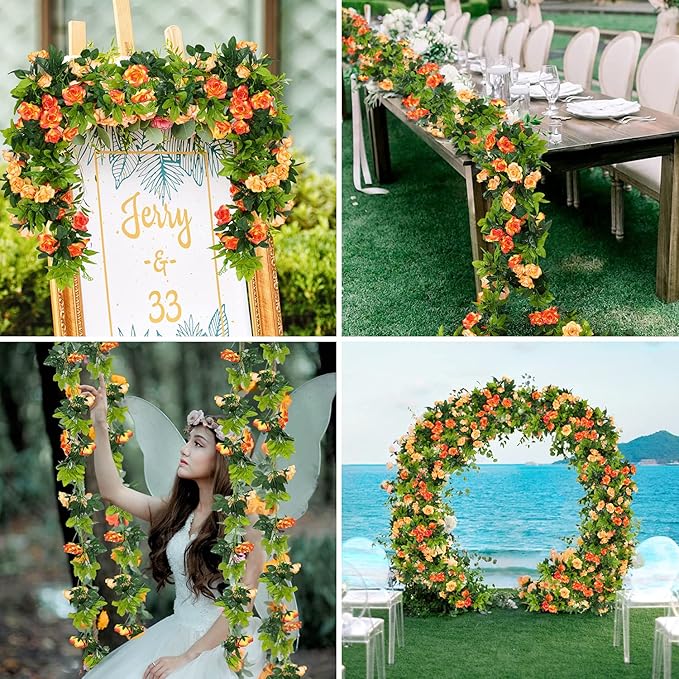 JUSTOYOU 2 Pack (15.8FT) Fake Rose Garland, Artificial Rose Vines Flowers Hanging Silk Rose Vine Wedding Home Backdrop Party Arch Arrangement Decoration
