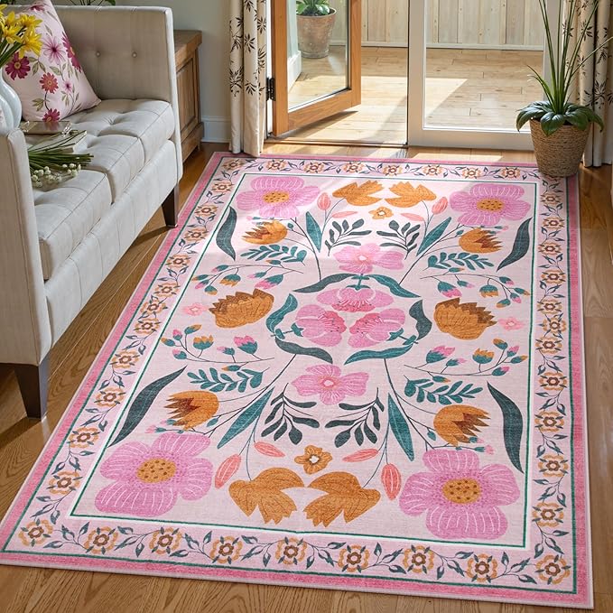 Beeiva Pink Flower 5x7 Rugs for Bedroom Girls, Nursery Rug for Dorm Carpet with Low-Pile Non Slip, Soft Floral Indoor Ultra-Thin Carpet for Classroom Living Dining Room Décor (Pink,5'x7')