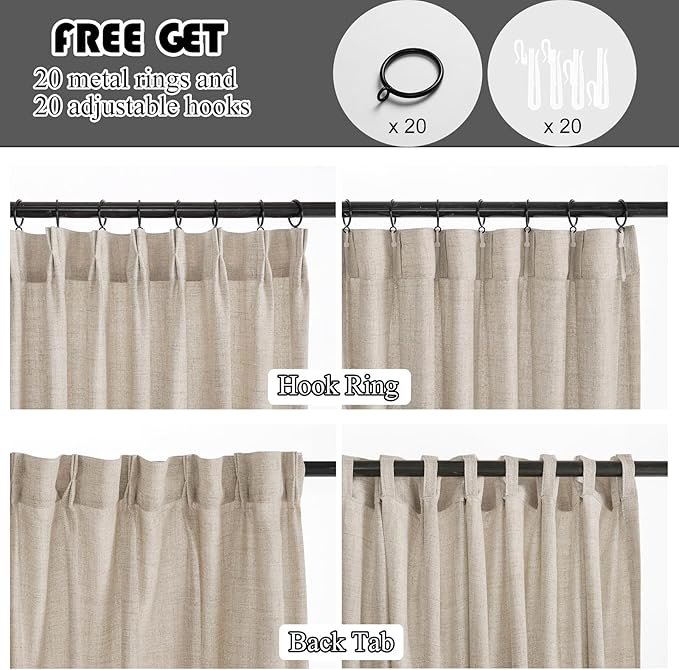 Dark Taupe Thick Linen Semi Sheer Pinch Pleated Curtains 102 Inches Long, 50 Inches Width, Modern Light Filtering Drapes Set of 2, Floor to Ceiling Window Curtain with Hooks