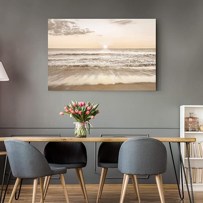 Beach Wall Art Sunset Pictures: Tropical Ocean Waves Canvas Painting Sea Scenery Large Coastal Artwork Contemporary Nature Seascape Photography Prints for Modern Bathroom Bedroom Living Room