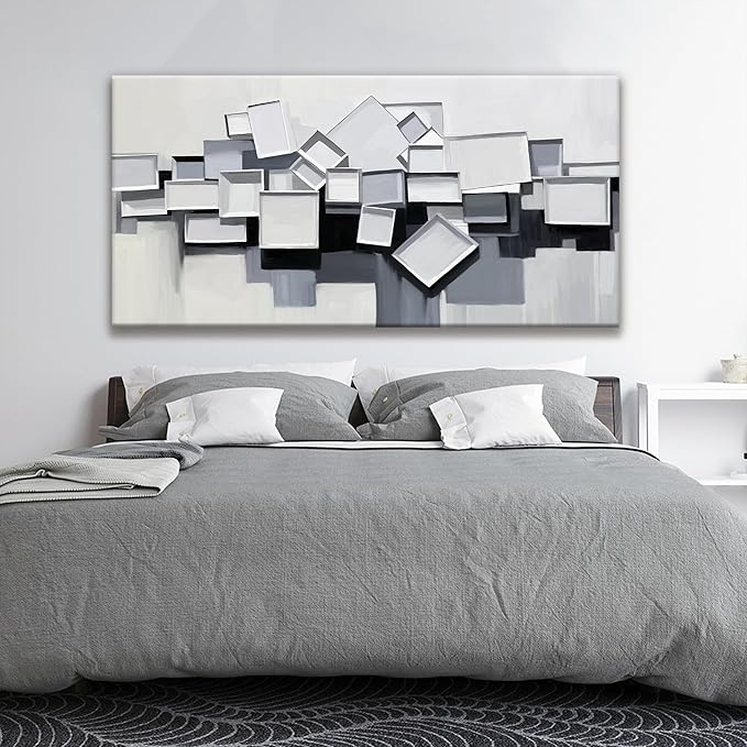 Tsomzxng Canvas Art Wall Decor Color Block Line Art Prints Grey And White Abstract Wall Art Geometric Color Block Art Painting Modern Artwork For Living Room Pictures For Bedroom 24x48 In