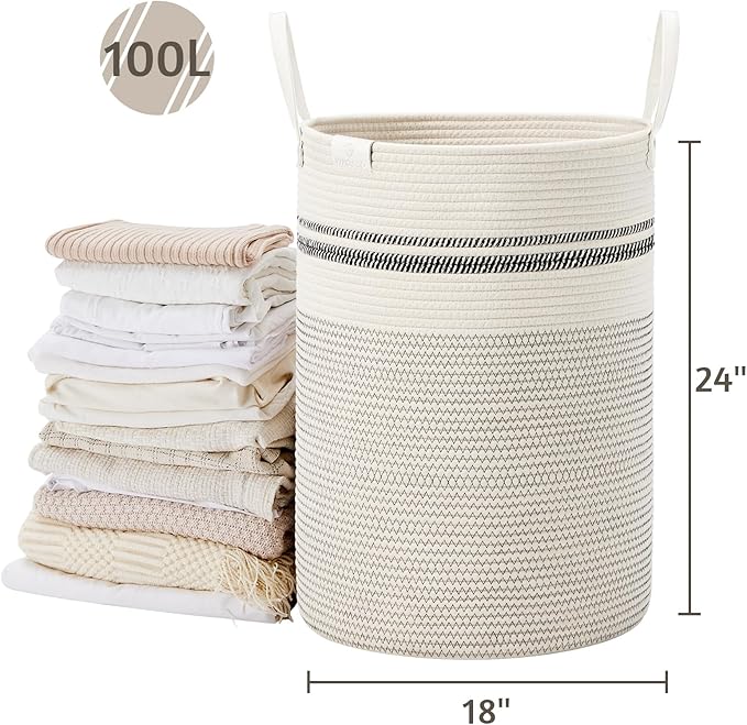 VIPOSCO Tall Laundry Basket, Large Dirty Clothes Hamper with Leather Handle, Woven Rope Storage Basket for Blanket, Toy In Living Room, Bathroom, Bedroom - 100L Stripe White