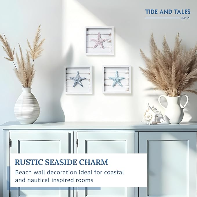 TideAndTales 3D Starfish Wall Art (Framed Set of 3) Coastal Theme Wall Hanging Decoration for Bathroom or Tropical Bedroom, Ocean Inspired Seashell Decor for Home or Beach House (7"x 7")