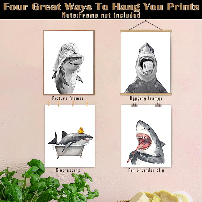 FITIE Funny Shark Bathroom Wall Art Posters Set of 4, Ocean Shark Bathroom Decor, Coastal Beach Humorous Sea Animal Sharks Canvas Prints Artwork Wall Decor for Bath Wash Room, 8x10 Unframed